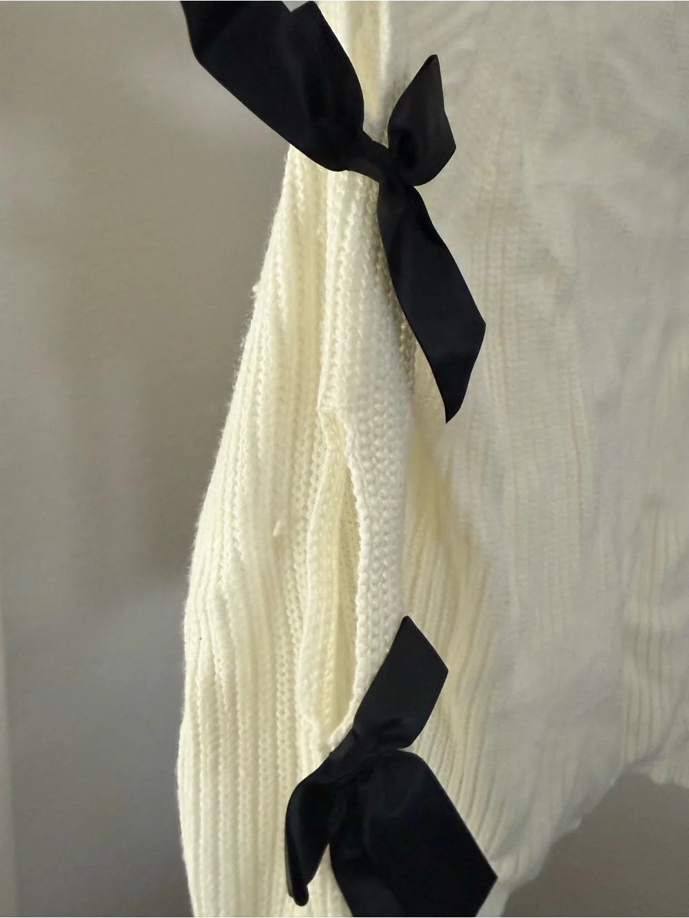 SHEIN Cream Ribbed Sweater with Black Ribbon Bow Sleeves